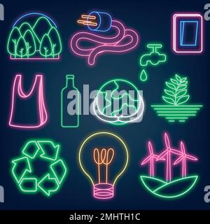 Neon Zeichen Umwelt Illustration Vektor-Set, umweltfreundlich Stock Vektor