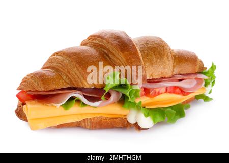 Leckeres Croissant-Sandwich mit Schinken und Käse, isoliert auf Weiß Stockfoto