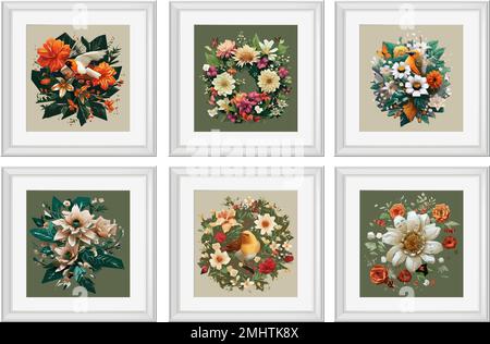 Ein Set Vintage-Blumen Illustration isoliert. Quilling Wanddekor Quadratische Bilderrahmen. Stock Vektor