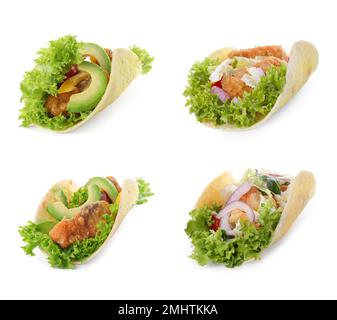 Set aus köstlichen frischen Fisch-Tacos auf weißem Hintergrund Stockfoto