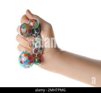 Frau drückt farbenfrohen Schleim, isoliert auf weiß, Nahaufnahme. Anti-Stress-Spielzeug Stockfoto