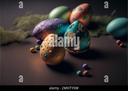 Frohe Ostern. 3D-Rendering. Typografisch, leicht, Herz. Grußkarte Einladung. Hintergrunddesign. Banner, Poster Illustration Glückwunsch Postkarte. Hochwertige 3D-Abbildung Stockfoto