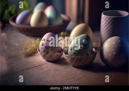 Frohe Ostern. 3D-Rendering. Typografisch, leicht, Herz. Grußkarte Einladung. Hintergrunddesign. Banner, Poster Illustration Glückwunsch Postkarte. Hochwertige 3D-Abbildung Stockfoto