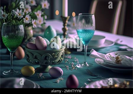 Frohe Ostern. 3D-Rendering. Typografisch, leicht, Herz. Grußkarte Einladung. Hintergrunddesign. Banner, Poster Illustration Glückwunsch Postkarte. Hochwertige 3D-Abbildung Stockfoto