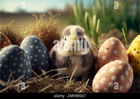 Frohe Ostern. 3D-Rendering. Typografisch, leicht, Herz. Grußkarte Einladung. Hintergrunddesign. Banner, Poster Illustration Glückwunsch Postkarte. Hochwertige 3D-Abbildung Stockfoto