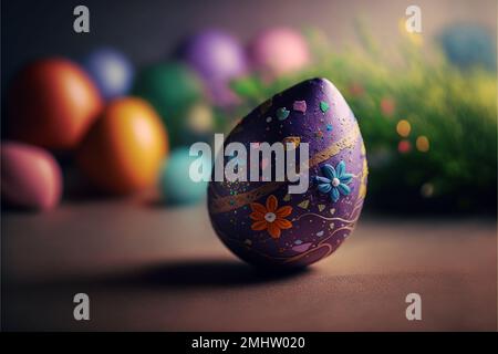 Frohe Ostern. 3D-Rendering. Typografisch, leicht, Herz. Grußkarte Einladung. Hintergrunddesign. Banner, Poster Illustration Glückwunsch Postkarte. Hochwertige 3D-Abbildung Stockfoto