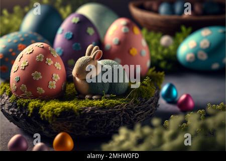 Frohe Ostern. 3D-Rendering. Typografisch, leicht, Herz. Grußkarte Einladung. Hintergrunddesign. Banner, Poster Illustration Glückwunsch Postkarte. Hochwertige 3D-Abbildung Stockfoto