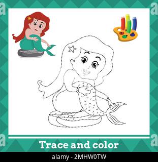 Verlaufslinie und Farbe für Kinder, Meerjungfrauenvektor-Illustration. Stock Vektor