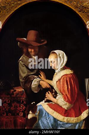 Frans van Mieris der Ältere Mann und Frau mit zwei Hunden, bekannt als "das Haustier ärgern" 1660The Niederlande, Niederländisch, Holland, Stockfoto