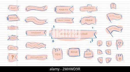 Niedliche handgezeichnete Vektormarkenschilder und Lesezeichen für Zeitschriften und Infografiken. Stock Vektor