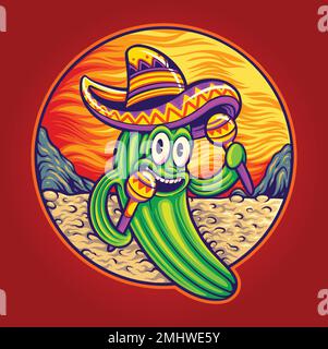 Lustige Cactus cinco de Mayo mexikanische Cartoon Illustration Vektorbilder für Ihr Arbeitslogo, Merchandise-T-Shirt, Aufkleber und Etikettendesigns Stock Vektor