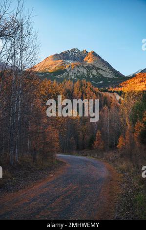 Der Gerlach-Gipfel ist der Höhepunkt einer herbstlichen Landschaft in der Hohen Tatra, ein wunderbares Naturwunder. Stockfoto