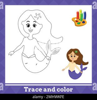 Verlaufslinie und Farbe für Kinder, Meerjungfrauenvektor-Illustration. Stock Vektor
