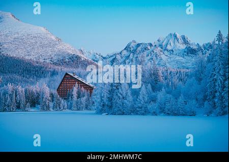 Die Schönheit eines Wintervormittags am Strbske pleso See, mit der Hohen Tatra im Hintergrund Stockfoto