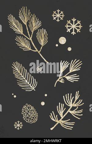 Glitzernde Weihnachtsbaumpflanzen mit Schneeflocken auf schwarzem Hintergrund Vektor Stock Vektor