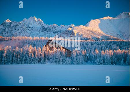 Frostiger Wintermorgen im Strbske Pleso unter der Hohen Tatra, mit den ersten Sonnenstrahlen, die die schneebedeckte Landschaft erleuchten Stockfoto