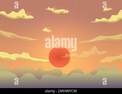 Sonnenuntergang-Cartoon-Himmel mit Wolken, Sonne, Sonnenlicht-Vektor-Hintergrunddesign. Stock Vektor