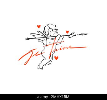 Handgezeichneter Vektor abstrakte Grafik Valentinstag Designelemente, abstrakter Amor-Engel mit Herzen, Umrisssymbol. Design-Konzept Stock Vektor