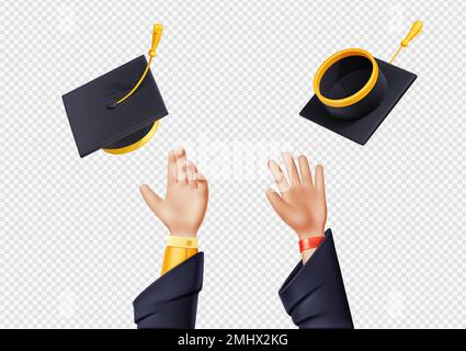 Glückliche Studenten werfen Abschlusskappen und Urkunden in die Luft. People Hands, fliegende schwarze akademische Hüte und gerollte Diplome auf weißem Hintergrund, 3D rendern Illustration Stock Vektor