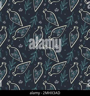 Muster Trank Kristalle magische Flasche Hexerei Magie, Doodle Boho Stil. Vektorgrafik Stock Vektor