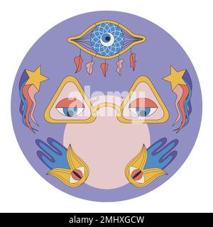 Psychedelic 1970 Vibe Runddeckel für Box, Flasche. Mystisches, irdisches Retro-Design mit Textbereich. Sternschnuppen, magische Brillen, Traumkatzen Stock Vektor
