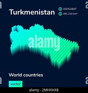 Turkmenistan 3D-Karte. Stilisierte Neonfarben Einfache digitale isometrische gestreifte Vektordarstellung. Die Karte von Turkmenistan ist in Grün, Türkis und Minzfarben gehalten Stock Vektor