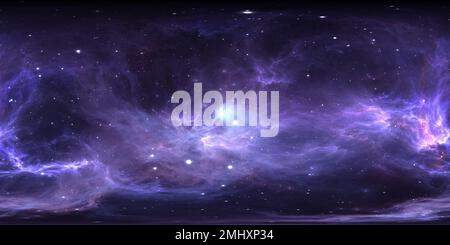 360 Grad Panorama Ansicht von 360 Grad Raumnebel Panorama, equirectangular Projektion, Umwelt Karte. HDRI-Rundpanorama. Weltraumhintergrund mit Nebel und Sternen. 3D Abb.