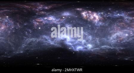 360 Grad Panorama Ansicht von 360 Grad Raumnebel Panorama, equirectangular Projektion, Umwelt Karte. HDRI-Rundpanorama. Weltraumhintergrund mit Nebel und Sternen. 3D Abb.