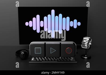 3D Abbildung der Musik-Schalter-Taste: Starten, stoppen und aufzeichnen Song auf dem Hintergrund realistische Computer oder Laptop-Tastatur, Mikrofon, Telefon, Kopf Stockfoto