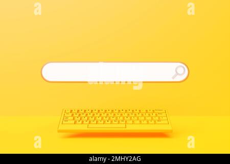 3D Abbildung einer gelben Tastatur mit einem Suchrahmen, einer Box, einem Internet-Panel mit einem Lupensymbol und einer Audiosuche. Das Konzept von Stockfoto