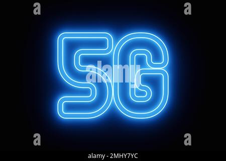 3D Abbildung eines blauen Neonsymbols mit 5G mm Durchmesser auf schwarzem Hintergrund. Symbol für Mobiltelefon oder Smart-Gerät. 5G Darstellung für Unternehmen und Technologie Stockfoto