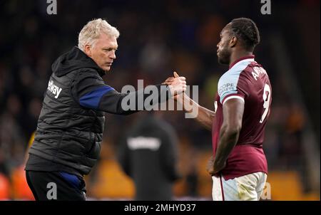 Aktenfoto vom 20. 11-2021 von West Ham United Manager David Moyes und Michail Antonio, die Moyes zufolge keine Chance haben, West Ham diesen Monat zu verlassen. Ausgabedatum: Freitag, 27. Januar 2023. Stockfoto