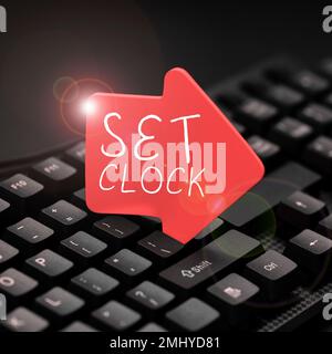 Textsymbol mit der Anzeige „Uhr einstellen“. Die Geschäftsidee bringt die IT auf den richtigen Zeitpunkt oder ändert die Uhrzeit auf einen späteren Zeitpunkt Stockfoto