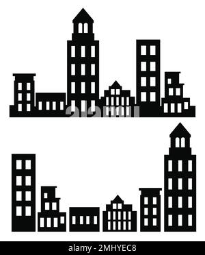 Auf weißem Hintergrund, eine Vektorebene mit Illustrationen von architektonischen Stadtgebäuden in Silhouetten unter verschiedenen Konstruktionen Stock Vektor