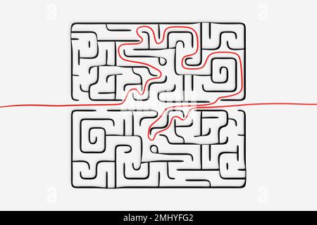 3D-Rendering. Schwarzes volumetrisches Labyrinth mit dem richtigen roten Pfad auf weißem Hintergrund. Geometrisches Muster. Abstrakter illusorischer endloser Ornament-Text Stockfoto