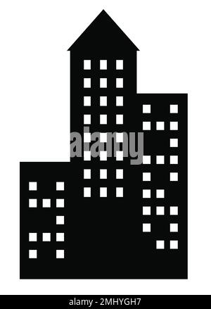 Dieser Satz von Illustrationen zeigt einen schwarzen Wolkenkratzer und ein flaches Gebäude, beide Silhouetten vor dem Hintergrund von Stadtgebäuden Stock Vektor