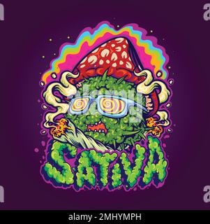 Psychedelische Unkraut Pilzpilze Sativa Handschrift Text Illustration Vektorabbildungen für Ihr Arbeitslogo, Merchandise-T-Shirt, Aufkleber und Etikett Stock Vektor