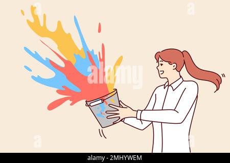 Kreative Frau spritzt mehrfarbige flüssige Farbe aus dem Eimer, um die Welt heller zu machen. Betrachten Sie Individualität und den Wunsch, nicht standardmäßige Ideen mit anderen zu teilen. Abbildung eines flachen Vektors Stock Vektor