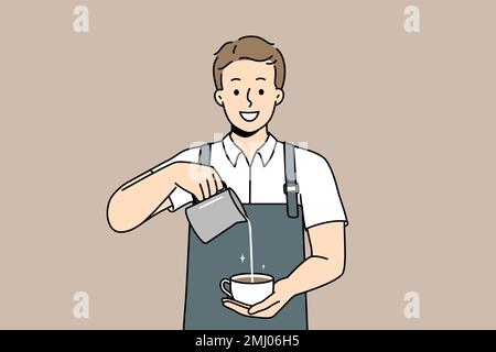 Lächelnder männlicher Barista in einer Schürze, der Cappuccino im Becher macht. Ein glücklicher Kellner bereitete Kaffee im Cafe zu und zeigte guten Service. Café-Bar, Kunst. Vektordarstellung. Stock Vektor