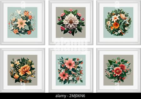 Ein Set Vintage-Blumen Illustration isoliert. Quilling Wanddekor Quadratische Bilderrahmen. Stock Vektor