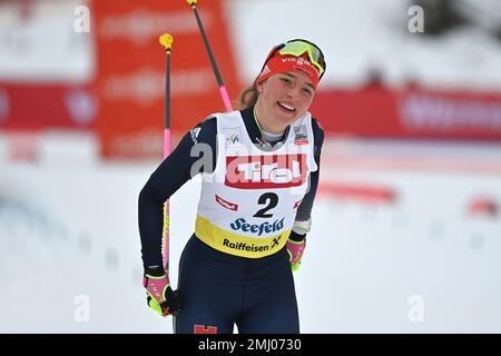 Nathalie ARMBRUSTER (GER), 2. Platz, Jubel, Freude, Enthusiasmus, Action, Einzelbild, einzelnes Motiv, halbe Figur, halbe Figur. Frauen individuell Gundersen NH/5 km, individueller Wettbewerb der Frauen FIS-Weltmeisterschaft Nordic kombiniert in Seefeld/Tirol am 27. Januar 2023? Kredit: dpa Picture Alliance/Alamy Live News Stockfoto