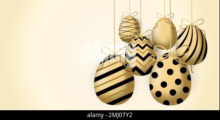 Dekoratives Banner und Postervorlage für soziale Medien zu Ostern in Schwarz und Gold. ostereier und Häschen aus Luxuru Stock Vektor