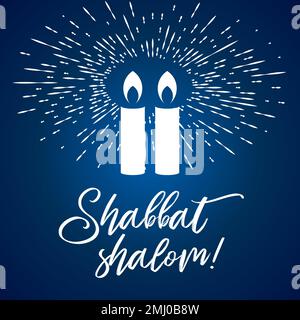 Schabbat-Schalom-Schriftzug, Grußkarte, Vektorbild. Zwei brennende sabbat-Kerzen und einfache Lichtstrahlen im Hintergrund. Jüdischer religiöser Sabbat c Stock Vektor