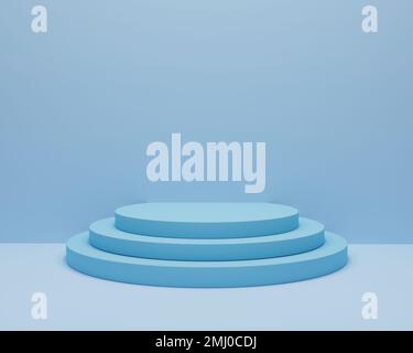 Leeres blaues Podium für die Aufmachung kosmetischer Mittel. blauer 3D-Studiohintergrund, 3D-Rendering Stockfoto