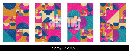 Abstraktes Posterset mit geometrischen Formen. Quadrate, Dreiecke und Halbkreise mit altem Hintergrund Stock Vektor