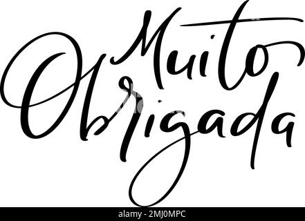 Muito Obrigada handgeschriebener Text. Vielen Dank in portugiesischer Sprache. Tintenabbildung. Moderne Pinselkalligraphie. Isoliert auf weiß Stock Vektor