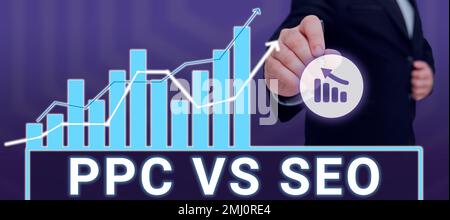 Handschriftlicher Text PPC vs. Seo. Word für Pay per Click im Vergleich zu Suchmaschinenoptimierungsstrategien Stockfoto