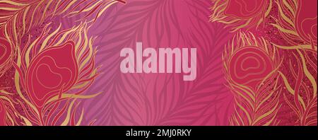 Horizontales Banner mit Pfauenfedern. Luxuriöses und schönes Dekorationsdesign für Texthintergrund. Moderne Transparenttapete. Stock Vektor