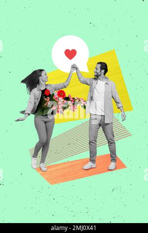Vertikales Collagenbild von zwei schönen schwarzen weißen Gamma-Menschen, die Hände halten sprechen frische Blumen isoliert auf dem Hintergrund Stockfoto