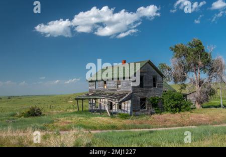 Ein lange verlassenes Haus in der Prärie von South Dakota wird langsam von der Natur zurückgewonnen. Stockfoto